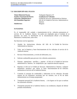 MANUAL DE ORGANIZACIÓN Y FUNCIONES
AUDITORIA INTERNA
50
7.15 DESCRIPCIÓN DEL PUESTO
Titulo Oficial del Puesto: Trabajador Operativo IV
Nombre Funcional del Puesto: Conductor de Vehículos
Ubicación Administrativa: Unidad de Servicios Administrativos Internos
Jefe Inmediato Superior: Jefe de la Unidad de Servicios Administrativos
Internos
Subalternos: Ninguno
FUNCIONES
Es el responsable del cuidado y mantenimiento de los vehículos automotores al
servicio de la Auditoria Interna, los cuales son empleados para el traslado de su
personal; así como, la distribución de la documentación oficial a los diferentes
Ministerios e Instituciones, entre otros.
Sus funciones son las siguientes:
1. Atender las instrucciones directas del Jefe de la Unidad de Servicios
Administrativos Internos;
2. Velar por la limpieza y buen funcionamiento de los vehículos al servicio de la
Auditoria Interna;
3. Revisar el funcionamiento, y niveles de lubricantes, etc.;
4. Solicitar combustible para proveer a los vehículos automotores;
5. Efectuar reparaciones sencillas y reportar al Jefe de la Unidad de Servicios
administrativos Internos, los desperfectos que requieran atención especial;
6. Reportar al Jefe de la Unidad de Servicios Administrativos Internos, cualquier
desperfecto mecánico que afecte el buen funcionamiento de los vehículos
automotores al servicio de la Auditoría Interna;
7. Controlar el consumo de combustible y lubricantes de los vehículos, llevando
registro de los kilómetros recorridos por los mismos, con el fin de darle
mantenimiento en el tiempo programado;
8. Transportar personal de la Auditoría Interna, a los lugares en los que se realizan
las comisiones oficiales;
9. Transportar personal de la Auditoría Interna a sus residencias, después de laborar
jornada extraordinaria;
 
