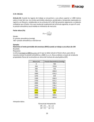 29
2.14. Cálculos
Artículo 63: Cuando los lugares de trabajo se encuentran a una altura superior a 1.000 metros
sobre el nivel del mar, los Límites permisibles absolutos, ponderados y temporales expresados en
mg/m3 y en fibras/cc, establecidos en los artículos 61º y 66º del presente reglamento, se deberán
multiplicar por el factor «Fa» que resulta de la aplicación de la fórmula siguiente, en que «P» será
la presión atmosférica local medida en milímetros de mercurio:
Factor altura (Fa)
𝐹𝑎 = (
𝑃
760
)
Dónde:
P= presión atmosférica (mmHg)
760 = presión atmosférica a nivel de mar
Ejemplo:
Determine el límite permisible del amoniaco (NH3) cuando se trabaja a una altura de 1946
m.s.n.m.:
Respuesta:
La altura es mayor a 1000 m.s.n.m. por lo que se debe calcular el factor altura, para ello se
necesita conocer la presión atmosférica a 2800 m.s.n.m. Ésta se obtiene a través de la tabla de
propiedades físicas de la atmosfera en altura del Instituto de salud pública (ISP).
Altura (m) Presión Barométrica (mmhg)
0 760
250 737,8
500 716
750 694,9
1000 674,2
1250 654
1500 634,3
1750 615,1
2000 596,4
2250 578,1
2500 560,3
2750 542,9
3000 526
3250 509,5
3500 493,4
Interpolar datos:
Fórmula de Interpolación
(𝐵 − 𝐶)
(𝐴 − 𝐶)
=
(𝑥 − 𝑐)
(𝑎 − 𝑐)
 