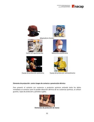 35
Adaptadores faciales
Casco con aporte de aire Mascarilla autofiltrante
Equipo de protección autónomo Equipo de protección semiautónomo
Elemento de protección contra riesgos de contacto o penetración dérmica
Para prevenir el contacto con sustancias o productos químicos evitando tanto los daños
inmediatos al contacto como la posible absorción dérmica de las sustancias químicas, se utilizan
guantes, ropas de protección y pantallas o gafas.
Elementos de protección de manos
 