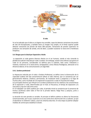 41
El oído
Ya se ha indicado que el oído es un órgano muy sensible, capaz de detectar variaciones de presión
de sólo 20 micropascales, y también tiene un margen muy amplio, en el límite superior puede
detectar variaciones de presión de hasta 200 pascales. Variaciones de presión superiores no
producen una sensación de sonido, sino de dolor, y pueden ocasionar la rotura de la membrana
timpánica.
3.4. Riesgos para la Salud por Exposición a Ruido
La exposición al ruido genera diversos efectos en el ser humano, siendo el más conocido la
pérdida de audición inducida por ruido o sordera. Sin embargo, existen otros efectos que genera el
ruido en las personas, considerados no dañinos para la audición, tales como: malestares o
molestia, trastornos en la salud (stress, laringopatías y otros efectos fisiológicos), alteración en la
eficiencia laboral, en las comunicaciones y la seguridad.
3.4.1. Sordera profesional
La Hipoacusia inducida por el ruido o Sordera Profesional, se define como la disminución de la
capacidad auditiva del tipo sensorioneural (afecta al oído interno), que se caracteriza por ser
generalmente bilateral, simétrica, permanente, de instalación lenta y progresiva a lo largo de
muchos años, como resultado de una exposición ocupacional a ruido en el puesto de trabajo.
Los principales factores que influyen en la sordera profesional son los relativos a las características
de la exposición a ruido, determinados por el nivel, la frecuencia, el tiempo de exposición y la
naturaleza y tipo de ruido entre otros.
En el trabajador con daño auditivo por ruido, el período inicial se caracteriza por la presencia de
tinnitus (acúfenos) sobre todo al final de la jornada laboral, fatiga física y psíquica, junto a
malestar general.
La duración de este periodo es variable. Al principio el déficit auditivo no afecta las frecuencias
conversacionales, por lo que, la persona no se da cuenta de la disminución de su audición, ya que
al abandonar el ambiente ruidoso, cesan los síntomas descritos. En esta etapa se podrían adoptar
medidas de control para estabilizar la lesión.
 