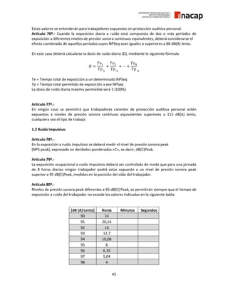 45
Estos valores se entenderán para trabajadores expuestos sin protección auditiva personal.
Artículo 76º.- Cuando la exposición diaria a ruido está compuesta de dos o más períodos de
exposición a diferentes niveles de presión sonora continuos equivalentes, deberá considerarse el
efecto combinado de aquellos períodos cuyos NPSeq sean iguales o superiores a 80 dB(A) lento.
En este caso deberá calcularse la dosis de ruido diaria (D), mediante la siguiente fórmula:
𝐷 =
𝑇𝑒1
𝑇𝑝 1
+
𝑇𝑒2
𝑇𝑝 2
+ ⋯ +
𝑇𝑒 𝑛
𝑇𝑝 𝑛
Te = Tiempo total de exposición a un determinado NPSeq
Tp = Tiempo total permitido de exposición a ese NPSeq
La dosis de ruido diaria máxima permisible será 1 (100%)
Artículo 77º.-
En ningún caso se permitirá que trabajadores carentes de protección auditiva personal estén
expuestos a niveles de presión sonora continuos equivalentes superiores a 115 dB(A) lento,
cualquiera sea el tipo de trabajo.
1.2 Ruido Impulsivo
Artículo 78º.-
En la exposición a ruido impulsivo se deberá medir el nivel de presión sonora peak
(NPS peak), expresado en decibeles ponderados «C», es decir, dB(C)Peak.
Artículo 79º.-
La exposición ocupacional a ruido impulsivo deberá ser controlada de modo que para una jornada
de 8 horas diarias ningún trabajador podrá estar expuesto a un nivel de presión sonora peak
superior a 95 dB(C)Peak, medidos en la posición del oído del trabajador.
Artículo 80º.-
Niveles de presión sonora peak diferentes a 95 dB(C) Peak, se permitirán siempre que el tiempo de
exposición a ruido del trabajador no exceda los valores indicados en la siguiente tabla:
[dB (A) Lento] Horas Minutos Segundos
90 24
91 20,16
92 16
93 12,7
94 10,08
95 8
96 6,35
97 5,04
98 4
 