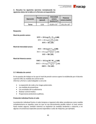 49
2.- Resuelva los siguientes ejercicios reemplazando los
siguientes datos de la tabla en la fórmula correspondiente:
Operación
Presión sonora
(pascal)
Intensidad
sonora
(watts/cm2
)
Potencia
sonora (watts)
Torno 0,36 63,09 x 10 -9
251,19 x 10-6
Respuesta:
Nivel de presión sonora
𝑵𝑷𝑺 = 𝟐𝟎 𝑳𝒐𝒈(𝑷 𝒔/ 𝑷 𝒓𝒆𝒇) (dB)
𝑁𝑃𝑆 = 20 𝐿𝑜𝑔 (
0,36
2𝑥10−5) (dB)
𝑵𝑷𝑺 = 𝟖𝟓 (𝒅𝑩)
Nivel de Intensidad sonora
𝑵𝑰𝑺 = 𝟏𝟎 𝑳𝒐𝒈(𝑰/ 𝑰 𝒓𝒆𝒇) (dB)
𝑁𝐼𝑆 = 10 𝐿𝑜𝑔 (
63,09𝑥10−9
10−16 ) (dB)
𝑵𝑰𝑺 = 𝟖𝟖 (𝒅𝑩)
Nivel de Potencia sonora
𝑵𝑾𝑺 = 𝟏𝟎 𝑳𝒐𝒈(𝑾/ 𝑾 𝒓𝒆𝒇) (dB)
𝑁𝑊𝑆 = 10 𝐿𝑜𝑔 (
251,19𝑥10−6
10−13 ) (dB)
𝑵𝑾𝑺 = 𝟗𝟒 (𝒅𝑩)
3.7. Métodos de control:
En los puestos de trabajo en los que el nivel de presión sonora supero lo establecido por el decreto
supremo 594, las medidas de control serán:
informar y formar a cada trabajador a cerca de:
 La exposición de ruido y los riesgos potenciales
 Las medidas de preventivas
 Los resultados de la audiometría
 Realizar control medico
 Proporcionar protectores auditivos.
Protección individual frente al ruido
La protección individual frente al ruido (orejeras o tapones) sólo debe considerarse como medida
complementaria en aquellos casos en que no sea técnicamente posible reducir el nivel sonoro
hasta niveles seguros, también mientras se implantan las medidas tendentes a reducirlo, o en
algunas circunstancias especiales (acceso esporádico a salas de máquinas, por ejemplo).
 