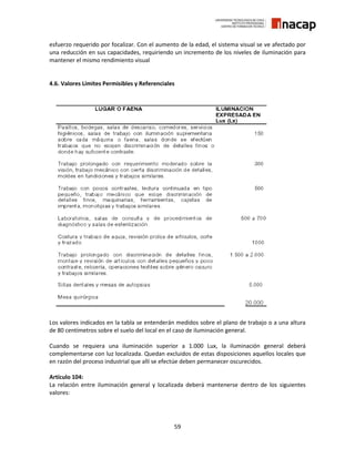 59
esfuerzo requerido por focalizar. Con el aumento de la edad, el sistema visual se ve afectado por
una reducción en sus capacidades, requiriendo un incremento de los niveles de iluminación para
mantener el mismo rendimiento visual
4.6. Valores Límites Permisibles y Referenciales
Los valores indicados en la tabla se entenderán medidos sobre el plano de trabajo o a una altura
de 80 centímetros sobre el suelo del local en el caso de iluminación general.
Cuando se requiera una iluminación superior a 1.000 Lux, la iluminación general deberá
complementarse con luz localizada. Quedan excluidos de estas disposiciones aquellos locales que
en razón del proceso industrial que allí se efectúe deben permanecer oscurecidos.
Artículo 104:
La relación entre iluminación general y localizada deberá mantenerse dentro de los siguientes
valores:
 