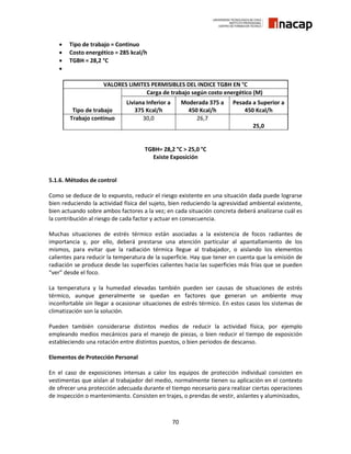 70
 Tipo de trabajo = Continuo
 Costo energético = 285 kcal/h
 TGBH = 28,2 °C

VALORES LIMITES PERMISIBLES DEL INDICE TGBH EN °C
Tipo de trabajo
Carga de trabajo según costo energético (M)
Liviana Inferior a
375 Kcal/h
Moderada 375 a
450 Kcal/h
Pesada a Superior a
450 Kcal/h
Trabajo continuo 30,0 26,7
25,0
TGBH= 28,2 °C ˃ 25,0 °C
Existe Exposición
5.1.6. Métodos de control
Como se deduce de lo expuesto, reducir el riesgo existente en una situación dada puede lograrse
bien reduciendo la actividad física del sujeto, bien reduciendo la agresividad ambiental existente,
bien actuando sobre ambos factores a la vez; en cada situación concreta deberá analizarse cuál es
la contribución al riesgo de cada factor y actuar en consecuencia.
Muchas situaciones de estrés térmico están asociadas a la existencia de focos radiantes de
importancia y, por ello, deberá prestarse una atención particular al apantallamiento de los
mismos, para evitar que la radiación térmica llegue al trabajador, o aislando los elementos
calientes para reducir la temperatura de la superficie. Hay que tener en cuenta que la emisión de
radiación se produce desde las superficies calientes hacia las superficies más frías que se pueden
“ver” desde el foco.
La temperatura y la humedad elevadas también pueden ser causas de situaciones de estrés
térmico, aunque generalmente se quedan en factores que generan un ambiente muy
inconfortable sin llegar a ocasionar situaciones de estrés térmico. En estos casos los sistemas de
climatización son la solución.
Pueden también considerarse distintos medios de reducir la actividad física, por ejemplo
empleando medios mecánicos para el manejo de piezas, o bien reducir el tiempo de exposición
estableciendo una rotación entre distintos puestos, o bien periodos de descanso.
Elementos de Protección Personal
En el caso de exposiciones intensas a calor los equipos de protección individual consisten en
vestimentas que aíslan al trabajador del medio, normalmente tienen su aplicación en el contexto
de ofrecer una protección adecuada durante el tiempo necesario para realizar ciertas operaciones
de inspección o mantenimiento. Consisten en trajes, o prendas de vestir, aislantes y aluminizados,
 