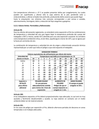 73
Con temperaturas inferiores a -1º C se pueden presentar daños por congelamiento, los cuales
pueden ser superficiales y afectar sólo la capa externa de la piel, perdiendo color y
endureciéndose, o afectar al tejido más profundo, produciendo daños severos que puede llegar
hasta la amputación. Los síntomas más comunes corresponden a piel cerosa o azulada,
adormecimiento, hormigueo, dolor y reducción de flujo sanguíneo y gangrena.
5.2.3. Valores límites Permisibles y Referenciales
Artículo 99:
Para los efectos del presente reglamento, se entenderá como exposición al frío las combinaciones
de temperatura y velocidad del aire que logren bajar la temperatura profunda del cuerpo del
trabajador a 36°C o menos, siendo 35°C admitida para una sola exposición ocasional. Se considera
como temperatura ambiental crítica, al aire libre, aquella igual o menor de 10°C, que se agrava por
la lluvia y/o corrientes de aire.
La combinación de temperatura y velocidad de aire da origen a determinada sensación térmica
representada por un valor que indica el peligro a que está expuesto el trabajador.
SENSACION TERMICA
Valores equivalentes de enfriamiento por efecto del viento
Velocidad del
Viento en Km/h
Temperatura real leída en el termómetro en ºC
10 4 -1 -7 -12 -18 -23 -29 -34 -40
Calmo 10 4 -1 -7 -12 -18 -23 -29 -24 -40
8 9 3 -3 -9 -14 -21 -26 -32 -38 -44
16 4 -2 -9 -16 -23 -31 -36 -43 -50 -57
24 2 -6 -13 -21 -28 -36 -43 -50 -58 -65
32 0 -8 -16 -23 -32 -39 -47 -55 -63 -71
40 -1 -9 -18 -26 -34 -42 -51 -59 -67 -76
48 -2 -11 -19 -28 -36 -44 -53 -62 -70 -78
56 -3 -12 -20 -29 -37 -46 -55 -63 -72 -81
64 -3 -12 -21 -29 -38 -47 -56 -65 -73 -82
Superior a
64 Km/h
poco efecto
adicional
PELIGRO ESCASO
En una persona
adecuadamente vestida
para menos de 1 hora de
exposición
AUMENTO DE
PELIGRO
Peligro de que el
cuerpo expuesto se
congele en 1 min.
GRAN PELIGRO
El cuerpo se puede
congelar en 30 s.
Artículo 100:
A los trabajadores expuestos al frío deberá propocionárseles ropa adecuada, la cual será no muy
ajustada y fácilmente desabrochable y sacable. La ropa exterior en contacto con el medio
ambiente deber ser de material aislante.
Artículo 101:
En los casos de peligro por exposición al frío, deberán alternarse períodos de descanso en zonas
temperadas o con trabajos adecuados.
 