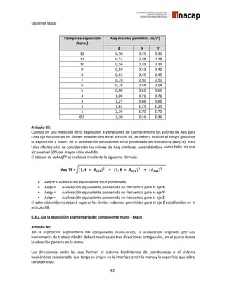 82
siguiente tabla:
Tiempo de exposición
(horas)
Aeq máxima permitida (m/s2
)
Z X Y
12 0,50 0,35 0,35
11 0,53 0,38 0,38
10 0,56 0,39 0,39
9 0,59 0,42 0,42
8 0,63 0,45 0,45
7 0,70 0,50 0,50
6 0,78 0,54 0,54
5 0,90 0,61 0,61
4 1,06 0,71 0,71
3 1,27 0,88 0,88
2 1,61 1,25 1,25
1 2,36 1,70 1,70
0,5 3,30 2,31 2,31
Artículo 89:
Cuando en una medición de la exposición a vibraciones de cuerpo entero los valores de Aeq para
cada eje no superan los límites establecidos en el artículo 88, se deberá evaluar el riesgo global de
la exposición a través de la aceleración equivalente total ponderada en frecuencia (AeqTP). Para
tales efectos sólo se considerarán los valores de Aeq similares, entendiéndose como tales los que
alcancen el 60% del mayor valor medido.
El cálculo de la AeqTP se realizará mediante la siguiente fórmula:
Aeq TP =√(𝟏, 𝟒 × 𝑨 𝒆𝒒𝒙) 𝟐 + (𝟏, 𝟒 × 𝑨 𝒆𝒒𝒚) 𝟐 + (𝑨 𝒆𝒒𝒛) 𝟐
 AeqTP = Aceleración equivalente total ponderada.
 Aeqx = Aceleración equivalente ponderada en frecuencia para el eje X.
 Aeqy = Aceleración equivalente ponderada en frecuencia para el eje Y.
 Aeqz = Aceleración equivalente ponderada en frecuencia para el eje Z.
El valor obtenido no deberá superar los límites máximos permitidos para el eje Z establecidos en el
artículo 88.
6.3.2. De la exposición segmentaria del componente mano - brazo
Artículo 90:
En la exposición segmentaria del componente mano-brazo, la aceleración originada por una
herramienta de trabajo vibrátil deberá medirse en tres direcciones ortogonales, en el punto donde
la vibración penetra en la mano.
Las direcciones serán las que formen el sistema biodinámico de coordenadas o el sistema
basicéntrico relacionado, que tenga su origen en la interface entre la mano y la superficie que vibra,
considerando:
 