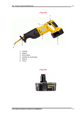 132

MF – MANUAL DE FUNDAMENTOS

( Fig.4.44)
6

4

3

5
2
1

123456-

Lâmina
Sapata
Serra Sabre
Gatilho de Aceleração
Bateria
Trava

( Fig.4.45)

COLETÂNEA DE MANUAIS TÉCNICOS DE BOMBEIROS

132

 