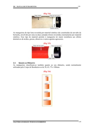 139

MF – MANUAL DE FUNDAMENTOS

(Fig. 5.4)

As mangueiras do tipo lona revestida por material sintético são constituídas de um tubo de
borracha, envolvido por uma ou duas camadas têxteis revestidas externamente por material
sintético. Esse tipo de material permite à mangueira ter maior resistência aos efeitos
destrutivos de ácidos, graxas, abrasivos e outros agentes agressores.
(Fig. 5.5)

2.3. Quanto ao Diâmetro
As mangueiras classificam-se também quanto ao seu diâmetro, sendo normalmente
utilizadas pelo Corpo de Bombeiros as de 38, 63, 75 e 100mm.
(Fig. 5.6)

COLETÂNEA DE MANUAIS TÉCNICOS DE BOMBEIROS

139

 