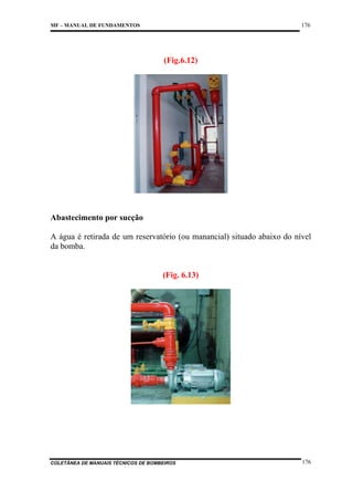 176

MF – MANUAL DE FUNDAMENTOS

(Fig.6.12)

Abastecimento por sucção
A água é retirada de um reservatório (ou manancial) situado abaixo do nível
da bomba.

(Fig. 6.13)

COLETÂNEA DE MANUAIS TÉCNICOS DE BOMBEIROS

176

 