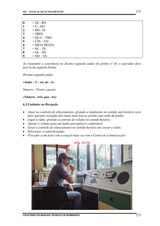 273

MF – MANUAL DE FUNDAMENTOS

0
1
2
3
4
5
6
7
8
9

= ZE - RO
= U - NO
= DO - IS
= TRÊS
= QUA – TRO
= CIN – CO
= MEIA DÚZIA
= SE – TE
= OI – TO
= NO – VE

Ao transmitir a ocorrência no décimo segundo andar do prédio nº 34, o operador deve
fazê-lo da seguinte forma:
Décimo segundo andar
(Andar - U - no, do - is)
Número - Trinta e quatro
(Número - três, qua - tro)
6.2.Cuidados na Recepção
•
•
•
•
•
•

Atuar no controle de silenciamento, girando-o totalmente no sentido anti-horário (este
fator garante recepção dos sinais mais fracos, porém com ruído de fundo).
Ligar o rádio, girando o controle de volume no sentido horário.
Ajustar o volume para um áudio perceptível e confortável.
Girar o controle de silenciamento no sentido horário até cessar o ruído.
Selecionar o canal desejado.
Proceder a um teste com a estação base ou com o Centro de Comunicações.
(Fig. 11.15)

COLETÂNEA DE MANUAIS TÉCNICOS DE BOMBEIROS

273

 