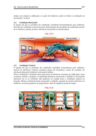 284

MF – MANUAL DE FUNDAMENTOS

Ainda com relação à edificação e à ação do bombeiro, pode-se dividir a ventilação em
horizontal e vertical.
1.3. Ventilação Horizontal
É aquela em que os produtos da combustão caminham horizontalmente pelo ambiente.
Este tipo de ventilação se processa pelo deslocamento dos produtos da combustão através
de corredores, janelas, portas e aberturas em paredes no mesmo plano.
(Fig. 12.3)

1.4. Ventilação Vertical
É aquela em que os produtos da combustão caminham verticalmente pelo ambiente,
através de aberturas verticais existentes (poços de elevadores, caixas de escadas), ou
aberturas feitas pelo bombeiro (retirada de telhas).
Para a ventilação, o bombeiro deve aproveitar as aberturas existentes na edificação, como
as portas, janelas e alçapões, só efetuando aberturas em paredes e telhados se inexistirem
aberturas ou se as existentes não puderem ser usadas para a ventilação natural ou
forçada. Efetuar entrada forçada em paredes e telhados, quando já existem aberturas no
ambiente, acarreta prejuízos ao proprietário, além de significar perda de tempo.
(Fig. 12.4)

COLETÂNEA DE MANUAIS TÉCNICOS DE BOMBEIROS

284

 