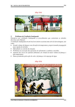 288

MF – MANUAL DE FUNDAMENTOS

(Fig. 12.8)

5.
Problemas da Ventilação Inadequada
Entende-se por ventilação inadequada os procedimentos que contrariam os métodos
descritos neste Manual.
A ventilação inadequada em um local em sinistro ocasiona uma série de desvantagens, tais
como:
• Grande volume de fumaça com elevação da temperatura, proporcionando propagação
mais rápida do incêndio.
• Dificuldade no controle da situação.
• Problemas na execução das operações de salvamento e combate a incêndio.
• Aumento dos riscos de explosão ambiental, em virtude do maior volume de fumaça e
alta temperatura.
• Danos produzidos pela ação do calor, da fumaça e do emprego de água.

(Fig. 12.9)

COLETÂNEA DE MANUAIS TÉCNICOS DE BOMBEIROS

288

 