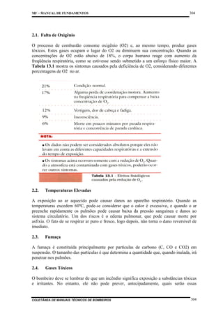 MF – MANUAL DE FUNDAMENTOS

304

2.1. Falta de Oxigênio
O processo de combustão consome oxigênio (O2) e, ao mesmo tempo, produz gases
tóxicos. Estes gases ocupam o lugar do O2 ou diminuem sua concentração. Quando as
concentrações de O2 estão abaixo de 18%, o corpo humano reage com aumento da
freqüência respiratória, como se estivesse sendo submetido a um esforço físico maior. A
Tabela 13.1 mostra os sintomas causados pela deficiência de O2, considerando diferentes
porcentagens de O2 no ar.

2.2.

Temperaturas Elevadas

A exposição ao ar aquecido pode causar danos ao aparelho respiratório. Quando as
temperaturas excedem 60ºC, pode-se considerar que o calor é excessivo, e quando o ar
preenche rapidamente os pulmões pode causar baixa da pressão sanguínea e danos ao
sistema circulatório. Um dos riscos é o edema pulmonar, que pode causar morte por
asfixia. O fato de se respirar ar puro e fresco, logo depois, não torna o dano reversível de
imediato.
2.3.

Fumaça

A fumaça é constituída principalmente por partículas de carbono (C, CO e CO2) em
suspensão. O tamanho das partículas é que determina a quantidade que, quando inalada, irá
penetrar nos pulmões.
2.4.

Gases Tóxicos

O bombeiro deve se lembrar de que um incêndio significa exposição a substâncias tóxicas
e irritantes. No entanto, ele não pode prever, antecipadamente, quais serão essas

COLETÂNEA DE MANUAIS TÉCNICOS DE BOMBEIROS

304

 