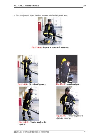 314

MF – MANUAL DE FUNDAMENTOS

A falta de ajuste da alça e do cinto provoca má distribuição de peso.

Fig. 13.4-A – Segurar o suporte firmemente.

Fig. 13.4-B – Eleva-lo até passar...

Fig. 13.4-C - ... pela cabeça

Fig. 13.4-E – Fechar e ajustar o
cinto do suporte.
Fig. 13.4-D – Ajustar as alças do
suporte.

COLETÂNEA DE MANUAIS TÉCNICOS DE BOMBEIROS

314

 