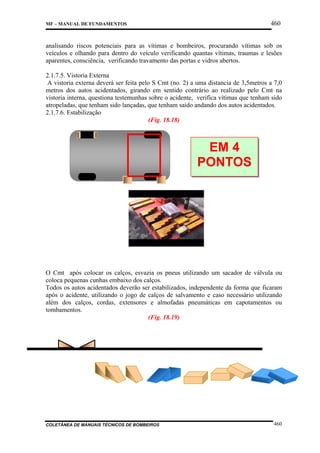 460

MF – MANUAL DE FUNDAMENTOS

analisando riscos potenciais para as vítimas e bombeiros, procurando vítimas sob os
veículos e olhando para dentro do veículo verificando quantas vítimas, traumas e lesões
aparentes, consciência, verificando travamento das portas e vidros abertos.
2.1.7.5. Vistoria Externa
A vistoria externa deverá ser feita pelo S Cmt (no. 2) a uma distancia de 3,5metros a 7,0
metros dos autos acidentados, girando em sentido contrário ao realizado pelo Cmt na
vistoria interna, questiona testemunhas sobre o acidente, verifica vítimas que tenham sido
atropeladas, que tenham sido lançadas, que tenham saído andando dos autos acidentados.
2.1.7.6. Estabilização
(Fig. 18.18)

Visão de baix
veículo

EM 4
PONTOS

O Cmt após colocar os calços, esvazia os pneus utilizando um sacador de válvula ou
coloca pequenas cunhas embaixo dos calços.
Todos os autos acidentados deverão ser estabilizados, independente da forma que ficaram
após o acidente, utilizando o jogo de calços de salvamento e caso necessário utilizando
além dos calços, cordas, extensores e almofadas pneumáticas em capotamentos ou
tombamentos.
(Fig. 18.19)

COLETÂNEA DE MANUAIS TÉCNICOS DE BOMBEIROS

460

 