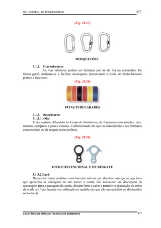 477

MF – MANUAL DE FUNDAMENTOS

(Fig. 18.37)

MOSQUETÕES
3.1.2. Fitas tubulares
As fitas tubulares podem ser fechadas por nó de fita ou costuradas. De
forma geral, destinam-se a facilitar ancoragens, preservando a corda de modo bastante
prático e funcional.
(Fig. 18.38)

FITAS TUBULARARES
3.1.3. Descensores:
3.1.3.1. Oito
Freio bastante difundido no Corpo de Bombeiros, de funcionamento simples, leve,
robusto, compacto e pouco custoso. Confeccionado em aço ou duralumínio e nos formatos
convencional ou de resgate (com orelhas).
(Fig. 18.39)

OITO CONVENCIONAL E DE RESGATE
3.1.3.2.Rack
Descensor linear metálico com barretes móveis em alumínio maciço ou aço inox
que apresenta as vantagens de não torcer a corda, não necessitar ser desclipado da
ancoragem para a passagem da corda, dissipar bem o calor e permitir a graduação do atrito
da corda ao freio durante sua utilização (a medida em que são aumentados ou diminuídos
os barretes)

COLETÂNEA DE MANUAIS TÉCNICOS DE BOMBEIROS

477

 