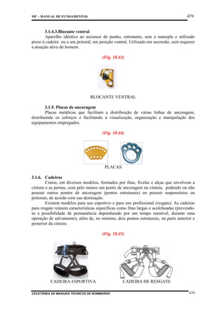479

MF – MANUAL DE FUNDAMENTOS

3.1.4.3.Blocante ventral
Aparelho idêntico ao ascensor de punho, entretanto, sem a manopla e utilizado
preso à cadeira ou a um peitoral, em posição ventral. Utilizado em ascensão, sem requerer
a atuação ativa do homem.
(Fig. 18.43)

BLOCANTE VENTRAL
3.1.5. Placas de ancoragem
Placas metálicas que facilitam a distribuição de várias linhas de ancoragem,
distribuindo os esforços e facilitando a visualização, organização e manipulação dos
equipamentos empregados.
(Fig. 18.44)

PLACAS
3.1.6. Cadeiras
Cintos, em diversos modelos, formados por fitas, fivelas e alças que envolvem a
cintura e as pernas, com pelo menos um ponto de ancoragem na cintura, podendo ou não
possuir outros pontos de ancoragem (pontos estruturais) ou possuir suspensórios ou
peitorais, de acordo com sua destinação.
Existem modelos para uso esportivo e para uso profissional (resgate). As cadeiras
para resgate reúnem características específicas como fitas largas e acolchoadas (prevendose a possibilidade de permanência dependurado por um tempo razoável, durante uma
operação de salvamento), além de, no mínimo, dois pontos estruturais, na parte anterior e
posterior da cintura.
(Fig. 18.45)

CADEIRA ESPORTIVA
COLETÂNEA DE MANUAIS TÉCNICOS DE BOMBEIROS

CADEIRA DE RESGATE
479

 