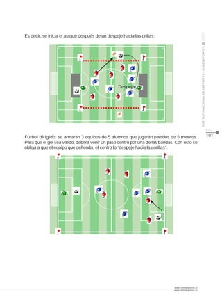 CLASE




                                                                                                    2009
Es decir, se inicia el ataque después de un despeje hacia las orillas.




                                                                                                    INSTITUTO NACIONAL DE DEPORTES / CHILEDEPORTES
                                                  Despejar




                                                                                                                                                     pág.
Fútbol dirigido: se armarán 3 equipos de 5 alumnos que jugarán partidos de 5 minutos.                                                                101
Para que el gol sea válido, deberá venir un pase centro por una de las bandas. Con esto se
obliga a que el equipo que defienda, el centro lo “despeje hacia las orillas”.




                                                                             www.chiledeportes.cl
                                                                             www.chiledeportes.tv
 