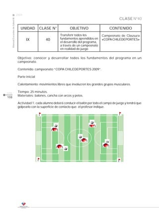 2009
                                                                                                                CLASE Nº40
      Manual Escuelas de fútbol III




                                         UNIDAD        CLASE N°             OBJETIVO                     CONTENIDO
                                                                     Transferir todos los          Campeonato de Clausura
                                             IX            40        fundamentos aprendidos en     «COPA CHILEDEPORTES»
                                                                     el desarrollo del programa,
                                                                     a través de un campeonato
                                                                     en realidad de juego

                                       Objetivo: conocer y desarrollar todos los fundamentos del programa en un
                                       campeonato.

                                       Contenido: campeonato “COPA CHILEDEPORTES 2009”.

                                       Parte inicial

                                       Calentamiento: movimientos libres que involucren los grandes grupos musculares.

pág.                                   Tiempo: 25 minutos.
                                       Materiales: balones, cancha con arcos y petos.
108

                                       Actividad 1: cada alumno deberá conducir el balón por todo el campo de juego y tendrá que
                                       golpearlo con la superficie de contacto que el profesor indique.
 