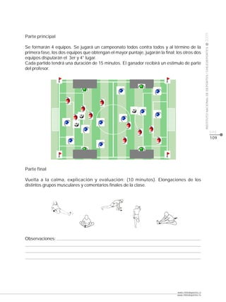 CLASE




                                                                                                      2009
Parte principal

Se formarán 4 equipos. Se jugará un campeonato todos contra todos y al término de la




                                                                                                      INSTITUTO NACIONAL DE DEPORTES / CHILEDEPORTES
primera fase, los dos equipos que obtengan el mayor puntaje, jugarán la final; los otros dos
equipos disputarán el 3er y 4° lugar.
Cada partido tendrá una duración de 15 minutos. El ganador recibirá un estimulo de parte
del profesor.




                                                                                                                                                       pág.
                                                                                                                                                       109




Parte final

Vuelta a la calma, explicación y evaluación: (10 minutos). Elongaciones de los
distintos grupos musculares y comentarios finales de la clase.




Observaciones:




                                                                               www.chiledeportes.cl
                                                                               www.chiledeportes.tv
 