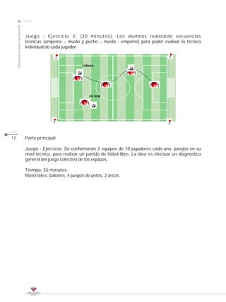 2009
                                                                                                                CLASE
     Manual Escuelas de fútbol III




                                      Juego - Ejercicio 2: (20 minutos). Los alumnos realizarán secuencias
                                      técnicas (empeine – muslo y pecho – muslo - empeine) para poder evaluar la técnica
                                      individual de cada jugador.



                                                                   ÿþýüûþ




                                                                       ü    üü




pág.
12                                    Parte principal

                                      Juego - Ejercicio: Se conformarán 2 equipos de 10 jugadores cada uno, parejos en su
                                      nivel técnico, para realizar un partido de fútbol libre. La idea es efectuar un diagnóstico
                                      general del juego colectivo de los equipos.

                                      Tiempo: 55 minutos.
                                      Materiales: balones, 4 juegos de petos, 2 arcos.
 