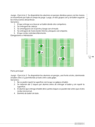 CLASE




                                                                                                    2009
Juego - Ejercicio 2: Se dispondrán los alumnos en parejas dándose pases con las manos
en movimiento por todo el campo de juego. Luego, en dos grupos con y sin balón seguirán
las instrucciones del profesor.




                                                                                                    INSTITUTO NACIONAL DE DEPORTES / CHILEDEPORTES
Variantes:
     1. El que entrega va a buscar un balón donde otro compañero.
     2. Se entregará de cabeza.
     3. Se amortiguará con el pecho y luego con el muslo.
     4. Se entregará de mano-borde interno y después con empeine.
     5. El que recibe controlará libremente.
Elongaciones e hidratación.




                                                                                                                                                     pág.
                                                                                                                                                     15




Parte principal

Juego - Ejercicio 3: Se dispondrán los alumnos en parejas, uno frente al otro, dominando
el balón entre sí y permitiendo un bote entre cada golpe.
Variantes:
    1. No se podrá repetir la superficie con la que se golpea el balón.
    2. Se deberán dar 2 toques por alumno antes de entregar el balón y sin repetir la
        superficie.
    3. El alumno que entrega el balón dirá cuantos toques se pueden dar antes que el otro
        reciba (viceversa).
    4. Dominio de balón sin bote.




                                                                             www.chiledeportes.cl
                                                                             www.chiledeportes.tv
 