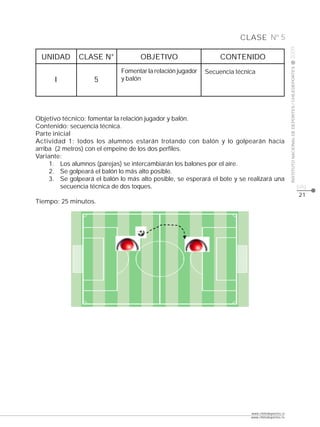 CLASE Nº 5




                                                                                                   2009
  UNIDAD       CLASE N°              OBJETIVO                     CONTENIDO




                                                                                                   INSTITUTO NACIONAL DE DEPORTES / CHILEDEPORTES
                              Fomentar la relación jugador   Secuencia técnica
      I             5         y balón




Objetivo técnico: fomentar la relación jugador y balón.
Contenido: secuencia técnica.
Parte inicial
Actividad 1: todos los alumnos estarán trotando con balón y lo golpearán hacia
arriba (2 metros) con el empeine de los dos perfiles.
Variante:
     1. Los alumnos (parejas) se intercambiarán los balones por el aire.
     2. Se golpeará el balón lo más alto posible.
     3. Se golpeará el balón lo más alto posible, se esperará el bote y se realizará una
         secuencia técnica de dos toques.                                                                                                           pág.
                                                                                                                                                    21
Tiempo: 25 minutos.




                                                                            www.chiledeportes.cl
                                                                            www.chiledeportes.tv
 