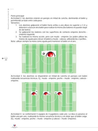 2009
                                                                                                                  CLASE
     Manual Escuelas de fútbol III




                                      Parte principal
                                      Actividad 2: los alumnos estarán en parejas en mitad de cancha, dominando el balón y
                                      permitiendo un bote entre cada pase.
                                      Variantes:
                                           1. Los alumnos golpearán el balón hacia arriba a una altura no superior a 3 m y
                                                 deberán ir a buscar otro balón para realizar lo mismo (los balones no pueden dejar
                                                 de dar botes).
                                           2. Se golpearán los balones con las superficies de contacto empeine derecho -
                                                 empeine izquierdo.
                                           3. Se realizará la misma acción, pero con muslo - empeine (se podrá utilizar las
                                                 manos de ayuda para elevar el balón) y muslo - cabeza, utilizando los 2 perfiles.
                                      Nota: utilizar siempre la mano como ayuda para mantener el balón en el aire.




pág.
22




                                      Actividad 3: los alumnos se dispondrán en mitad de cancha en parejas con balón
                                      realizando secuencias técnicas. Ej.: muslo - empeine, pecho – muslo - empeine, cabeza -
                                      empeine.




                                      Actividad 4: se conformarán 5 equipos de 4 jugadores cada uno. La idea es pasarse el
                                      balón uno por uno, realizando la misma secuencia técnica y sin dejar que el balón caiga.
                                      (Ej.: muslo - empeine, pecho – muslo - empeine y cabeza – muslo -empeine).
 