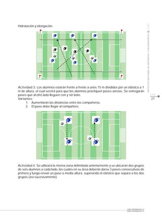 CLASE




                                                                                                    2009
Hidratación y elongación.




                                                                                                    INSTITUTO NACIONAL DE DEPORTES / CHILEDEPORTES
Actividad 3: Los alumnos estarán frente a frente a unos 15 m divididos por un elástico a 1
m de altura, el cual servirá para que los alumnos practiquen pases aéreos. Se entregarán
pases que al otro lado lleguen con y sin bote.                                                                                                       pág.
Variantes:                                                                                                                                           27
     1. Aumentarán las distancias entre los compañeros.
     2. El pase debe llegar al compañero.




Actividad 4: Se utilizará la misma zona delimitada anteriormente y se ubicarán dos grupos
de seis alumnos a cada lado, los cuales en su área deberán darse 3 pases consecutivos de
primera y luego enviar un pase a media altura, superando el elástico que separa a los dos
grupos (así sucesivamente).




                                                                             www.chiledeportes.cl
                                                                             www.chiledeportes.tv
 