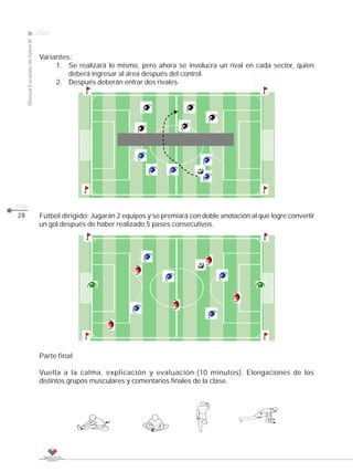2009
                                                                                                                CLASE
     Manual Escuelas de fútbol III




                                      Variantes:
                                           1. Se realizará lo mismo, pero ahora se involucra un rival en cada sector, quien
                                               deberá ingresar al área después del control.
                                           2. Después deberán entrar dos rivales.




pág.
28                                    Fútbol dirigido: Jugarán 2 equipos y se premiará con doble anotación al que logre convertir
                                      un gol después de haber realizado 5 pases consecutivos.




                                      Parte final

                                      Vuelta a la calma, explicación y evaluación:(10 minutos). Elongaciones de los
                                      distintos grupos musculares y comentarios finales de la clase.
 