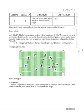 CLASE Nº 8




                                                                                                       2009
  UNIDAD          CLASE N°            OBJETIVO                       CONTENIDO




                                                                                                       INSTITUTO NACIONAL DE DEPORTES / CHILEDEPORTES
                               Ejecutar los distintos tipos   Pase
      II             8         de pases en realidad de
                               juego

Objetivo técnico: ejecutar los distintos tipos de pases en realidad de juego.

Parte inicial

Actividad 1: 10 alumnos se ubicarán dentro de un cuadrado de 15 x 15 m que se marcará
en la mitad de cancha. En ese sector deberán darse distintos tipos de pases: corto, largo,
rasante, media altura, etc., con un balón en movimiento sin que éste salga de los límites.
Variante:
      1. Se incorporarán balones al grupo hasta lograr tener 5 balones en movimiento.

Tiempo: 25 minutos.
                                                                                                                                                        pág.
                                                                                                                                                        29




Parte principal

Actividad 1:
2 equipos juegan fútbol libre con la condición de pasar el balón por entre las marcas. Cada
vez que el balón pase por las marcas se cuenta como un gol.




                                                                                www.chiledeportes.cl
                                                                                www.chiledeportes.tv
 