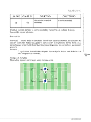CLASE Nº10




                                                                                                       2009
  UNIDAD        CLASE N°               OBJETIVO                     CONTENIDO




                                                                                                       INSTITUTO NACIONAL DE DEPORTES / CHILEDEPORTES
                               Desarrollar el control          Control orientado
      III            10        orientado



Objetivo técnico: conocer el control orientado y transferirlo a la realidad de juego.
Contenido: control orientado.

Parte inicial

Actividad 1: en una mitad de cancha se encontrarán todos los alumnos, de los cuales 10
estarán con balón. Todos los jugadores comenzarán a desplazarse dentro de la zona,
donde los que tengan balón lo conducirán y les darán pases a los compañeros que deseen
poseerlo.
Variante:
     1. El jugador que tiene el balón, después de dar el pase deberá salir de la cancha
          para reingresar de inmediato.                                                                                                                 pág.
                                                                                                                                                        33
Tiempo: 25 minutos.
Materiales: balones, cancha con arcos, conos y petos.




                                                                                www.chiledeportes.cl
                                                                                www.chiledeportes.tv
 