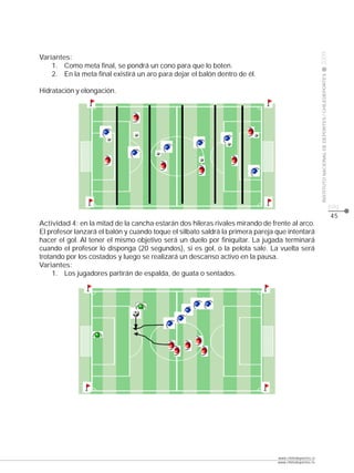 CLASE




                                                                                                       2009
Variantes:
    1. Como meta final, se pondrá un cono para que lo boten.
    2. En la meta final existirá un aro para dejar el balón dentro de él.




                                                                                                       INSTITUTO NACIONAL DE DEPORTES / CHILEDEPORTES
Hidratación y elongación.




                                                                                                                                                        pág.
                                                                                                                                                        45
Actividad 4: en la mitad de la cancha estarán dos hileras rivales mirando de frente al arco.
El profesor lanzará el balón y cuando toque el silbato saldrá la primera pareja que intentará
hacer el gol. Al tener el mismo objetivo será un duelo por finiquitar. La jugada terminará
cuando el profesor lo disponga (20 segundos), si es gol, o la pelota sale. La vuelta será
trotando por los costados y luego se realizará un descanso activo en la pausa.
Variantes:
     1. Los jugadores partirán de espalda, de guata o sentados.




                                                                                www.chiledeportes.cl
                                                                                www.chiledeportes.tv
 