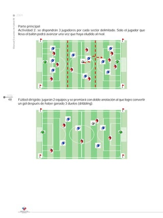 2009
                                                                                                                CLASE
     Manual Escuelas de fútbol III




                                      Parte principal
                                      Actividad 2: se dispondrán 3 jugadores por cada sector delimitado. Sólo el jugador que
                                      lleva el balón podrá avanzar una vez que haya eludido al rival.




pág.
48                                    Fútbol dirigido: jugarán 2 equipos y se premiará con doble anotación al que logre convertir
                                      un gol después de haber ganado 3 duelos (dribbling).
 