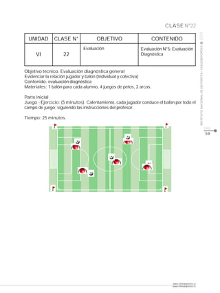 CLASE Nº22




                                                                                                   2009
  UNIDAD       CLASE N°              OBJETIVO                       CONTENIDO




                                                                                                   INSTITUTO NACIONAL DE DEPORTES / CHILEDEPORTES
                              Evaluación                   Evaluación N°5: Evaluación
     VI             22                                     Diagnóstica


Objetivo técnico: Evaluación diagnóstica general
Evidenciar la relación jugador y balón (Individual y colectiva)
Contenido: evaluación diagnóstica
Materiales: 1 balón para cada alumno, 4 juegos de petos, 2 arcos.

Parte inicial
Juego - Ejercicio: (5 minutos). Calentamiento, cada jugador conduce el balón por todo el
campo de juego; siguiendo las instrucciones del profesor.

Tiempo: 25 minutos.

                                                                                                                                                    pág.
                                                                                                                                                    59




                                                                            www.chiledeportes.cl
                                                                            www.chiledeportes.tv
 