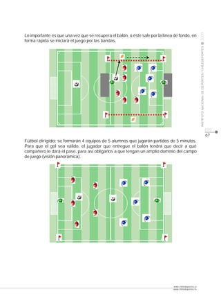 CLASE




                                                                                                      2009
Lo importante es que una vez que se recupera el balón, o éste sale por la línea de fondo, en
forma rápida se iniciará el juego por las bandas.




                                                                                                      INSTITUTO NACIONAL DE DEPORTES / CHILEDEPORTES
                                                                                                                                                       pág.
                                                                                                                                                       67
Fútbol dirigido: se formarán 4 equipos de 5 alumnos que jugarán partidos de 5 minutos.
Para que el gol sea válido, el jugador que entregue el balón tendrá que decir a qué
compañero le dará el pase, para así obligarlos a que tengan un amplio dominio del campo
de juego (visión panorámica).




                                                                               www.chiledeportes.cl
                                                                               www.chiledeportes.tv
 