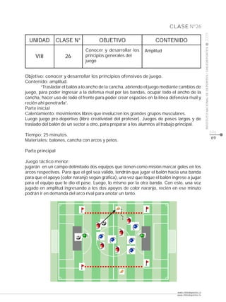 CLASE Nº26




                                                                                                     2009
  UNIDAD          CLASE N°            OBJETIVO                     CONTENIDO




                                                                                                     INSTITUTO NACIONAL DE DEPORTES / CHILEDEPORTES
                               Conocer y desarrollar los     Amplitud
     VIII            26        principios generales del
                               juego


Objetivo: conocer y desarrollar los principios ofensivos de juego.
Contenido: amplitud.
        “Trasladar el balón a lo ancho de la cancha, abriendo el juego mediante cambios de
juego, para poder ingresar a la defensa rival por las bandas, ocupar todo el ancho de la
cancha, hacer uso de todo el frente para poder crear espacios en la línea defensiva rival y
recién ahí penetrarla”.
Parte inicial
Calentamiento: movimientos libres que involucren los grandes grupos musculares.
Luego juego pre-deportivo (libre creatividad del profesor). Juegos de pases largos y de
traslado del balón de un sector a otro, para preparar a los alumnos al trabajo principal.
                                                                                                                                                      pág.
Tiempo: 25 minutos.
                                                                                                                                                      69
Materiales: balones, cancha con arcos y petos.

Parte principal

Juego táctico menor:
jugarán en un campo delimitado dos equipos que tienen como misión marcar goles en los
arcos respectivos. Para que el gol sea válido, tendrán que jugar el balón hacia una banda
para que el apoyo (color naranjo según gráfica), una vez que toque el balón ingrese a jugar
para el equipo que le dio el pase. Luego, lo mismo por la otra banda. Con esto, una vez
jugado en amplitud ingresando a los dos apoyos de color naranjo, recién en ese minuto
podrán ir en demanda del arco rival para anotar un tanto.




                                                                              www.chiledeportes.cl
                                                                              www.chiledeportes.tv
 