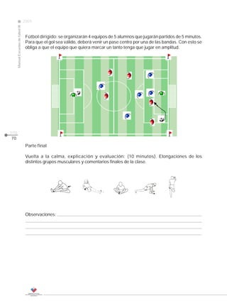2009
                                                                                                                CLASE
     Manual Escuelas de fútbol III




                                      Fútbol dirigido: se organizarán 4 equipos de 5 alumnos que jugarán partidos de 5 minutos.
                                      Para que el gol sea válido, deberá venir un pase centro por una de las bandas. Con esto se
                                      obliga a que el equipo que quiera marcar un tanto tenga que jugar en amplitud.




pág.
70
                                      Parte final

                                      Vuelta a la calma, explicación y evaluación: (10 minutos). Elongaciones de los
                                      distintos grupos musculares y comentarios finales de la clase.




                                      Observaciones:
 