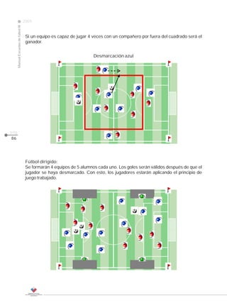 2009
                                                                                                            CLASE
     Manual Escuelas de fútbol III




                                      Si un equipo es capaz de jugar 4 veces con un compañero por fuera del cuadrado será el
                                      ganador.


                                                                       Desmarcación azul




pág.
86




                                      Fútbol dirigido:
                                      Se formarán 4 equipos de 5 alumnos cada uno. Los goles serán válidos después de que el
                                      jugador se haya desmarcado. Con esto, los jugadores estarán aplicando el principio de
                                      juego trabajado.
 