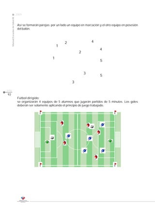 2009
                                                                                                              CLASE
     Manual Escuelas de fútbol III




                                      Así se formarán parejas: por un lado un equipo en marcación y el otro equipo en posesión
                                      del balón.



                                                                        2                   4
                                                                   1
                                                                                                  4
                                                                                   2
                                                               1
                                                                                                  5


                                                                                       3
                                                                                                  5
                                                                              3

pág.
92
                                      Fútbol dirigido:
                                      se organizarán 4 equipos de 5 alumnos que jugarán partidos de 5 minutos. Los goles
                                      deberán ser solamente aplicando el principio de juego trabajado.
 