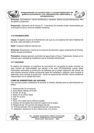 Síntomas: Somnolencia, marcha temblorosa y vacilante, diarrea acuosa blanquecina, falta 
de apetito y postración. 
Prevención: Aplicación de la vacuna (2 - 3 semanas) de acuerdo al plan recomendado por 
el ICA para la zona y toma de medidas sanitarias. 
17.6 COLIBACILOSIS 
Causa: El agente causal es el Escherichia coli que es una bacteria del tracto intestinal de 
las aves, otros animales y el hombre. 
Edad: Cualquier edad de vida del ave. 
Síntomas: Decaimiento, merma en el consumo de alimento y agua, erizamiento de Plumas, 
diarrea acuosa amarillenta. 
Preventivo: Asepsia general, suministro de agua limpia y fresca. Tratamiento: Existen en el 
mercado gran variedad de antibióticos que la combaten eficazmente. 
17.7 VACUNAS 
El objetivo de implantar un programa de vacunación en una granja es poder controlar un 
gran número de enfermedades que afectan a las aves (Principalmente cuando están 
confinadas) estimulado la producción de defensas por el propio organismo del animal, de 
esta manera tenemos índices sumamente bajos de mortalidad y desecho, tanto durante el 
desarrollo como durante la producción, donde se experimentan también menos problemas 
relacionados con la calidad del huevo. 
COMO SE ADMINISTRAN LAS VACUNAS 
Las vacunas pueden clasificarse de acuerdo al método utilizado para su administración en 
pollos: 
1. Intramuscular: En el músculo. 
2. Subcutánea: Debajo de la piel. 
3. Ocular: En el ojo. 
4. Nasal: En el orificio nasal. 
5. Oral: En el pico. 
6. Agua: 
7. Polvo: Por medio de los orificios nasales. 
8. Cloacal: En los tejidos de la porción superior de la cloaca. 
9. Pliegue de ala: Por punción del pliegue del ala. 
10. Folículo plumoso: Por el desplazamiento de varias plumas. 
11. Aspersión: Aerosol en el aire, sobre el ave, o en el pico. 
 