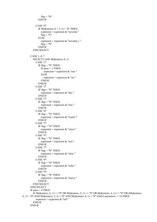 flag = "N"
              END IF

           CASE "9"
            IF Mid(entero, b + 1, 1) = "0" THEN
              expresion = expresion & "noventa "
              flag = "S"
            ELSE
              expresion = expresion & "noventa y "
              flag = "N"
            END IF
         END SELECT

        CASE 1, 4, 7
          SELECT CASE Mid(entero, b, 1)
             CASE "1"
               IF flag = "N" THEN
                  IF paso = 1 THEN
                     expresion = expresion & "uno "
                  ELSE
                     expresion = expresion & "un "
                  END IF
               END IF
             CASE "2"
               IF flag = "N" THEN
                  expresion = expresion & "dos "
               END IF
             CASE "3"
               IF flag = "N" THEN
                  expresion = expresion & "tres "
               END IF
             CASE "4"
               IF flag = "N" THEN
                  expresion = expresion & "cuatro "
               END IF
             CASE "5"
               IF flag = "N" THEN
                  expresion = expresion & "cinco "
               END IF
             CASE "6"
               IF flag = "N" THEN
                  expresion = expresion & "seis "
               END IF
             CASE "7"
               IF flag = "N" THEN
                  expresion = expresion & "siete "
               END IF
             CASE "8"
               IF flag = "N" THEN
                  expresion = expresion & "ocho "
               END IF
             CASE "9"
               IF flag = "N" THEN
                  expresion = expresion & "nueve "
               END IF
          END SELECT
        END SELECT
        IF paso = 4 THEN
          IF Mid(entero, 6, 1) <> "0" OR Mid(entero, 5, 1) <> "0" OR Mid(entero, 4, 1) <> "0" OR (Mid(entero,
6, 1) = "0" AND Mid(entero, 5, 1) = "0" AND Mid(entero, 4, 1) = "0" AND Len(entero) <= 6) THEN
             expresion = expresion & "mil "
          END IF
        END IF
 