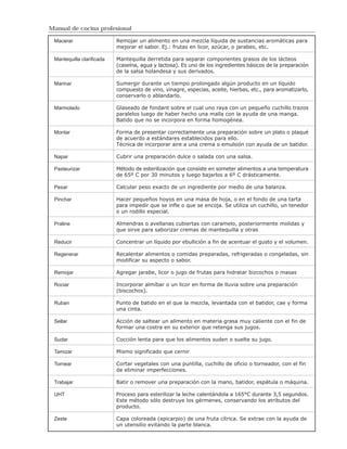 Manual de cocina profesional

 Macerar                   Remojar un alimento en una mezcla líquida de sustancias aromáticas para
                           mejorar el sabor. Ej.: frutas en licor, azúcar, o jarabes, etc.

 Mantequilla clarificada   Mantequilla derretida para separar componentes grasos de los lácteos
                           (caseína, agua y lactosa). Es uno de los ingredientes básicos de la preparación
                           de la salsa holandesa y sus derivados.

 Marinar                   Sumergir durante un tiempo prolongado algún producto en un líquido
                           compuesto de vino, vinagre, especias, aceite, hierbas, etc., para aromatizarlo,
                           conservarlo o ablandarlo.

 Marmolado                 Glaseado de fondant sobre el cual uno raya con un pequeño cuchillo trazos
                           paralelos luego de haber hecho una malla con la ayuda de una manga.
                           Batido que no se incorpora en forma homogénea.

 Montar                    Forma de presentar correctamente una preparación sobre un plato o plaqué
                           de acuerdo a estándares establecidos para ello.
                           Técnica de incorporar aire a una crema o emulsión con ayuda de un batidor.

 Napar                     Cubrir una preparación dulce o salada con una salsa.

 Pasteurizar               Método de esterilización que consiste en someter alimentos a una temperatura
                           de 65º C por 30 minutos y luego bajarlos a 6º C drásticamente.

 Pesar                     Calcular peso exacto de un ingrediente por medio de una balanza.

 Pinchar                   Hacer pequeños hoyos en una masa de hoja, o en el fondo de una tarta
                           para impedir que se infle o que se encoja. Se utiliza un cuchillo, un tenedor
                           o un rodillo especial.

 Praline                   Almendras o avellanas cubiertas con caramelo, posteriormente molidas y
                           que sirve para saborizar cremas de mantequilla y otras

 Reducir                   Concentrar un líquido por ebullición a fin de acentuar el gusto y el volumen.

 Regenerar                 Recalentar alimentos o comidas preparadas, refrigeradas o congeladas, sin
                           modificar su aspecto o sabor.

 Remojar                   Agregar jarabe, licor o jugo de frutas para hidratar bizcochos o masas

 Rociar                    Incorporar almíbar o un licor en forma de lluvia sobre una preparación
                           (biscochos).

 Ruban                     Punto de batido en el que la mezcla, levantada con el batidor, cae y forma
                           una cinta.

 Sellar                    Acción de saltear un alimento en materia grasa muy caliente con el fin de
                           formar una costra en su exterior que retenga sus jugos.

 Sudar                     Cocción lenta para que los alimentos suden o suelte su jugo.

 Tamizar                   Mismo significado que cernir

 Tornear                   Cortar vegetales con una puntilla, cuchillo de oficio o torneador, con el fin
                           de eliminar imperfecciones.

 Trabajar                  Batir o remover una preparación con la mano, batidor, espátula o máquina.

 UHT                       Proceso para esterilizar la leche calentándola a 165°C durante 3,5 segundos.
                           Este método sólo destruye los gérmenes, conservando los atributos del
                           producto.

 Zeste                     Capa coloreada (epicarpio) de una fruta cítrica. Se extrae con la ayuda de
                           un utensilio evitando la parte blanca.
 