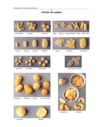Manual de cocina profesional
                                                         14

                                          Cortes de papas




 parmentier       risolèes                 maxime             paja   fósforo   mignonnettes fritas        pont-neuf




  diente      chateau       natural       fondant               chips           souflèes            savoyarde




  aceituna      noisettes             parisienne                                   gaufrettes (rejilla)




Croqueta      Williams       Berny       San Florentin




                                                                        Dauphine               Lorette




   Duquesa                            galette
 