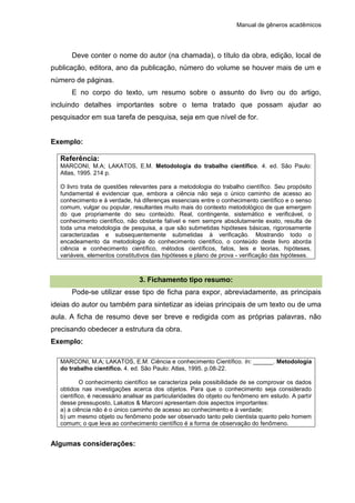 Manual de gêneros acadêmicos
Deve conter o nome do autor (na chamada), o título da obra, edição, local de
publicação, editora, ano da publicação, número do volume se houver mais de um e
número de páginas.
E no corpo do texto, um resumo sobre o assunto do livro ou do artigo,
incluindo detalhes importantes sobre o tema tratado que possam ajudar ao
pesquisador em sua tarefa de pesquisa, seja em que nível de for.
Exemplo:
Referência:
MARCONI, M.A; LAKATOS, E.M. Metodologia do trabalho científico. 4. ed. São Paulo:
Atlas, 1995. 214 p.
O livro trata de questões relevantes para a metodologia do trabalho científico. Seu propósito
fundamental é evidenciar que, embora a ciência não seja o único caminho de acesso ao
conhecimento e à verdade, há diferenças essenciais entre o conhecimento científico e o senso
comum, vulgar ou popular, resultantes muito mais do contexto metodológico de que emergem
do que propriamente do seu conteúdo. Real, contingente, sistemático e verificável, o
conhecimento científico, não obstante falível e nem sempre absolutamente exato, resulta de
toda uma metodologia de pesquisa, a que são submetidas hipóteses básicas, rigorosamente
caracterizadas e subsequentemente submetidas à verificação. Mostrando todo o
encadeamento da metodologia do conhecimento científico, o conteúdo deste livro aborda
ciência e conhecimento científico, métodos científicos, fatos, leis e teorias, hipóteses,
variáveis, elementos constitutivos das hipóteses e plano de prova - verificação das hipóteses.
3. Fichamento tipo resumo:
Pode-se utilizar esse tipo de ficha para expor, abreviadamente, as principais
ideias do autor ou também para sintetizar as ideias principais de um texto ou de uma
aula. A ficha de resumo deve ser breve e redigida com as próprias palavras, não
precisando obedecer a estrutura da obra.
Exemplo:
MARCONI, M.A; LAKATOS, E.M. Ciência e conhecimento Científico. In: ______. Metodologia
do trabalho científico. 4. ed. São Paulo: Atlas, 1995. p.08-22.
O conhecimento científico se caracteriza pela possibilidade de se comprovar os dados
obtidos nas investigações acerca dos objetos. Para que o conhecimento seja considerado
científico, é necessário analisar as particularidades do objeto ou fenômeno em estudo. A partir
desse pressuposto, Lakatos & Marconi apresentam dois aspectos importantes:
a) a ciência não é o único caminho de acesso ao conhecimento e à verdade;
b) um mesmo objeto ou fenômeno pode ser observado tanto pelo cientista quanto pelo homem
comum; o que leva ao conhecimento científico é a forma de observação do fenômeno.
Algumas considerações:
 