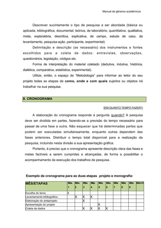 Manual de gêneros acadêmicos
Descrever sucintamente o tipo de pesquisa a ser abordada (básica ou
aplicada, bibliográfica, documental, teórica, de laboratório, quantitativa, qualitativa,
mista, exploratória, descritiva, explicativa, de campo, estudo de caso, de
levantamento, pesquisa-ação, participante, experimental)
Delimitação e descrição (se necessário) dos instrumentos e fontes
escolhidos para a coleta de dados: entrevistas, observações,
questionários, legislação, códigos etc.
Forma de interpretação do material coletado (dedutiva, indutiva, histórica,
dialética, comparativa, estatística, experimental).
Utilize, então, o espaço da “Metodologia” para informar ao leitor do seu
projeto todas as etapas de como, onde e com quais sujeitos ou objetos irá
trabalhar na sua pesquisa.
8. CRONOGRAMA
(EM QUANTO TEMPO FAZER?)
A elaboração do cronograma responde à pergunta quando? A pesquisa
deve ser dividida em partes, fazendo-se a previsão do tempo necessário para
passar de uma fase a outra. Não esquecer que há determinadas partes que
podem ser executadas simultaneamente, enquanto outras dependem das
fases anteriores. Distribuir o tempo total disponível para a realização da
pesquisa, incluindo nesta divisão a sua apresentação gráfica.
Portanto, é preciso que o cronograma apresente descrição clara das fases e
metas factíveis a serem cumpridas e alcançadas, de forma a possibilitar o
acompanhamento da execução dos trabalhos de pesquisa.
Exemplo de cronograma para as duas etapas – projeto e monografia:
MÊS/ETAPAS Mês
1
Mês
2
Mês
3
Mês
4
Mês
5
Mês
6
Mês
7
Mês
8
Mês
9
Mês10
Escolha do tema X
Levantamento bibliográfico X X X
Elaboração do anteprojeto X
Apresentação do projeto X
Coleta de dados X X X X
 