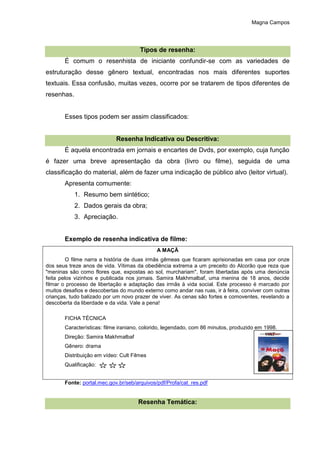 Magna Campos
Tipos de resenha:
É comum o resenhista de iniciante confundir-se com as variedades de
estruturação desse gênero textual, encontradas nos mais diferentes suportes
textuais. Essa confusão, muitas vezes, ocorre por se tratarem de tipos diferentes de
resenhas.
Esses tipos podem ser assim classificados:
Resenha Indicativa ou Descritiva:
É aquela encontrada em jornais e encartes de Dvds, por exemplo, cuja função
é fazer uma breve apresentação da obra (livro ou filme), seguida de uma
classificação do material, além de fazer uma indicação de público alvo (leitor virtual).
Apresenta comumente:
1. Resumo bem sintético;
2. Dados gerais da obra;
3. Apreciação.
Exemplo de resenha indicativa de filme:
A MAÇÃ
O filme narra a história de duas irmãs gêmeas que ficaram aprisionadas em casa por onze
dos seus treze anos de vida. Vítimas da obediência extrema a um preceito do Alcorão que reza que
"meninas são como flores que, expostas ao sol, murchariam", foram libertadas após uma denúncia
feita pelos vizinhos e publicada nos jornais. Samira Makhmalbaf, uma menina de 18 anos, decide
filmar o processo de libertação e adaptação das irmãs à vida social. Este processo é marcado por
muitos desafios e descobertas do mundo externo como andar nas ruas, ir à feira, conviver com outras
crianças, tudo balizado por um novo prazer de viver. As cenas são fortes e comoventes, revelando a
descoberta da liberdade e da vida. Vale a pena!
FICHA TÉCNICA
Características: filme iraniano, colorido, legendado, com 86 minutos, produzido em 1998.
Direção: Samira Makhmalbaf
Gênero: drama
Distribuição em vídeo: Cult Filmes
Qualificação:
Fonte: portal.mec.gov.br/seb/arquivos/pdf/Profa/cat_res.pdf
Resenha Temática:
 