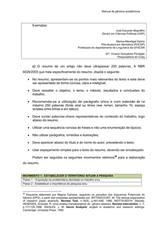 Manual de gêneros acadêmicos
Exemplos:
José Eduardo Mognillho
Doutor em Ciências Políticas (USP)
Marina Mendigal Osório
Pós-doutora em Semiótica (PUCSP)
Professora do departamento de Linguística da UFSCAR
Drª. Viviane Gonçalves Perdigão
Pesquisadora do Cnpq
c) O resumo de um artigo não deve ultrapassar 250 palavras. A NBR
6028/2003 que trata especificamente do resumo, dispõe o seguinte:
 No resumo, apresentam-se os pontos mais relevantes do texto e este deve
ser apresentado de forma concisa, clara e inteligível;
 Deve ressaltar o objetivo, o tema, o método, resultados e conclusões do
trabalho;
 Recomenda-se a utilização de parágrafo único e com extensão de no
máximo 250 palavras (fonte arial ou times new roman, tamanho 10, espaço
simples entre linhas e em itálico);
 Deve conter palavras-chave representativas do conteúdo do trabalho, logo
abaixo do resumo;
 Utilizar uma sequência concisa de frases e não uma enumeração de tópicos;
 Não utilizar parágrafos, símbolos e ilustrações;
 Deve aparecer abaixo do título e do nome do autor, precedendo o texto;
 Usar espaçamento simples para o texto do resumo, devendo ser encabeçado.
Podem ser seguidos os seguintes movimentos retóricos28
para a elaboração
do resumo:
MOVIMENTO 1: ESTABELECER O TERRITÓRIO/ SITUAR A PESQUISA
Passo 1 – Exposição da problemática abordada no trabalho e/ou
Passo 2 - Estabelecer a importância da pesquisa e/ou
28
Esquema elaborado por Magna Campos, seguindo os preceitos dos Esquemas Potenciais do
Gênero (EPG), a partir das propostas apresentadas por: BITTENCOURT, M. The textual organization
of research paper abstracts. Revista Text, n.16(4), p.481-499, 1996. MOTTA-ROTH, Désirée;
HENDGES, Graciela. R. Uma análise transdisciplinar do gênero abstract. Revista Intercâmbio, n. 7,
p.117-125,1998. SWALES, J. M. Genre Analysis: english in academic and research settings.
Cambridge: Univesity Press, 1990.
 
