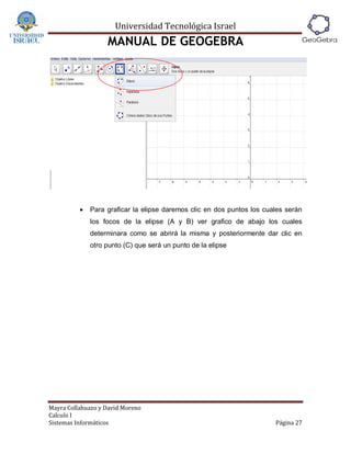 Universidad Tecnológica Israel
                   MANUAL DE GEOGEBRA




             Para graficar la elipse daremos clic en dos puntos los cuales serán
              los focos de la elipse (A y B) ver grafico de abajo los cuales
              determinara como se abrirá la misma y posteriormente dar clic en
              otro punto (C) que será un punto de la elipse




Mayra Collahuazo y David Moreno
Calculo I
Sistemas Informáticos                                                   Página 27
 