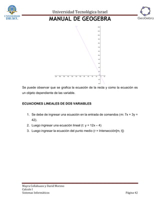 Universidad Tecnológica Israel
                   MANUAL DE GEOGEBRA




Se puede observar que se grafica la ecuación de la recta y como la ecuación es
un objeto dependiente de las variable.


ECUACIONES LINEALES DE DOS VARIABLES


   1. Se debe de ingresar una ecuación en la entrada de comandos (m: 7x + 3y =
      42).
   2. Luego ingresar una ecuación lineal (t: y = 12x – 4)
   3. Luego ingresar la ecuación del punto medio (r = Intersección[m, t])




Mayra Collahuazo y David Moreno
Calculo I
Sistemas Informáticos                                                       Página 42
 
